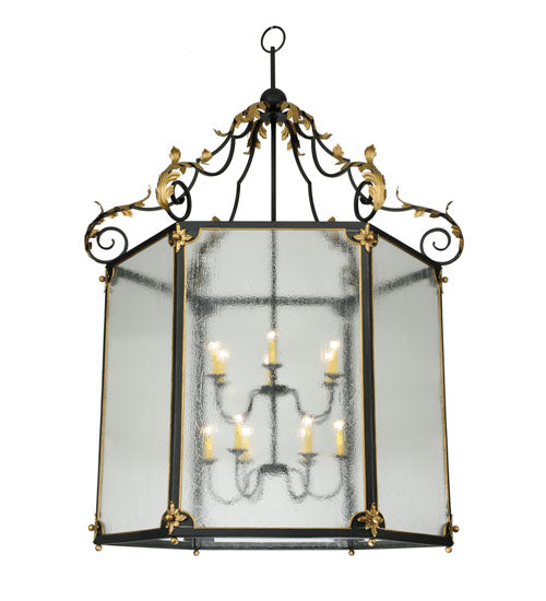 Meyda Lighting Ganser 60" 12-Light Black & Gold Lantern Pendant Light With Clear Seeded Shade Glass