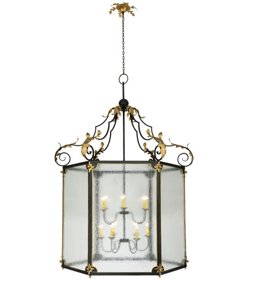Meyda Lighting Ganser 60" 12-Light Black & Gold Lantern Pendant Light With Clear Seeded Shade Glass