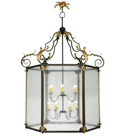 Meyda Lighting Ganser 60" 12-Light Black & Gold Lantern Pendant Light With Clear Seeded Shade Glass