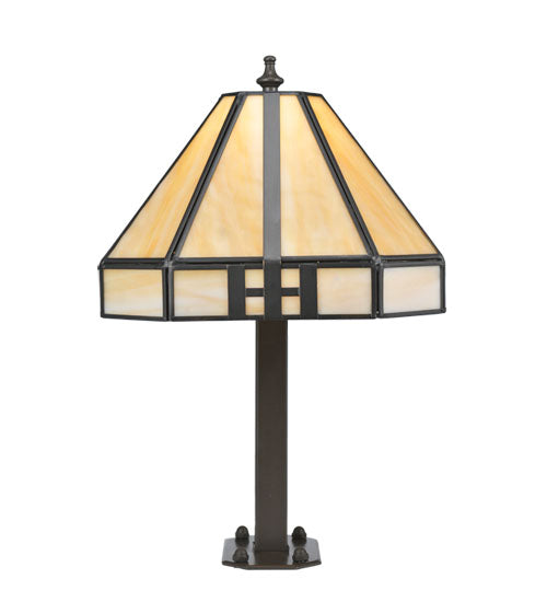 Meyda Lighting Geometric 15" Timeless Bronze Newel Outdoor Post Mount Light With Beige Shade Glass
