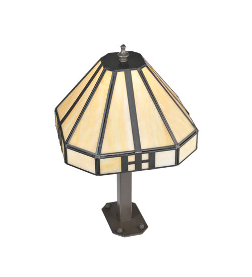 Meyda Lighting Geometric 15" Timeless Bronze Newel Outdoor Post Mount Light With Beige Shade Glass