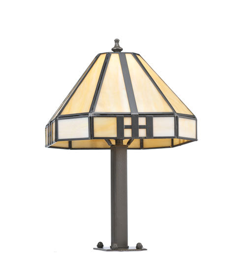 Meyda Lighting Geometric 15" Timeless Bronze Newel Outdoor Post Mount Light With Beige Shade Glass