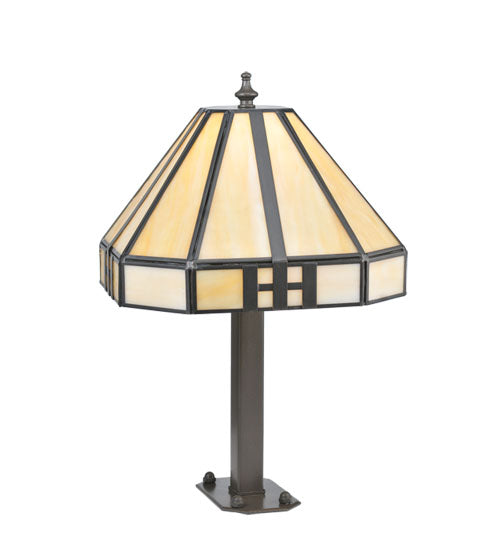 Meyda Lighting Geometric 15" Timeless Bronze Newel Outdoor Post Mount Light With Beige Shade Glass