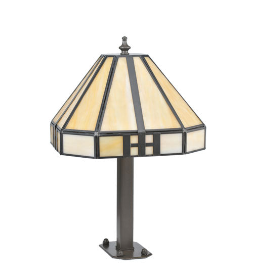 Meyda Lighting Geometric 15" Timeless Bronze Newel Outdoor Post Mount Light With Beige Shade Glass
