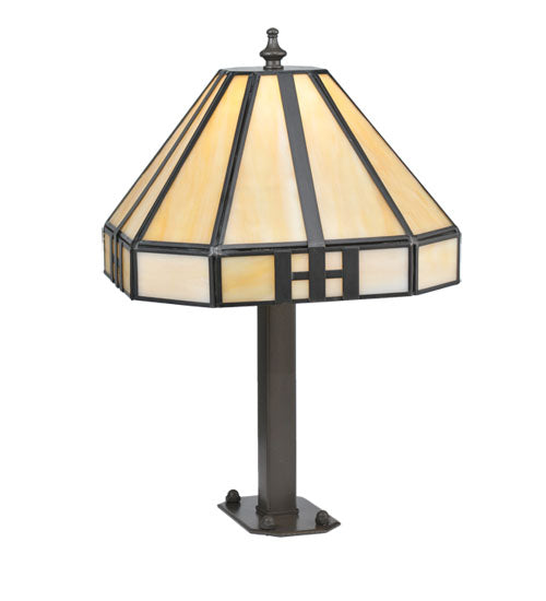 Meyda Lighting Geometric 15" Timeless Bronze Newel Outdoor Post Mount Light With Beige Shade Glass