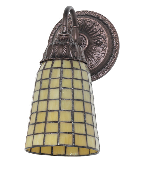 Meyda Lighting Geometric 5" Mahogany Bronze Wall Sconce With Beige Shade Glass