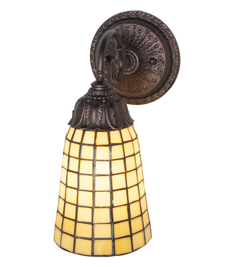 Meyda Lighting Geometric 5" Mahogany Bronze Wall Sconce With Beige Shade Glass