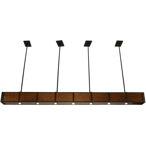Meyda Lighting Giradeau 96" 7-Light Oil Rubbed Bronze Wood Beam Island Pendant Light With Walnut Stained Oakwood Shade
