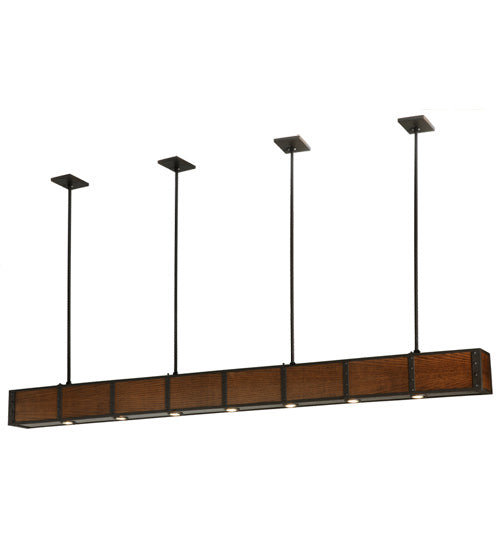 Meyda Lighting Giradeau 96" 7-Light Oil Rubbed Bronze Wood Beam Island Pendant Light With Walnut Stained Oakwood Shade