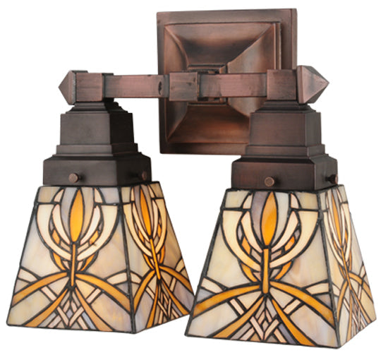 Meyda Lighting Glasgow Bungalow 12" 2-Light Mahogany Bronze Wall Sconce With Multi-Colored Shade Glass