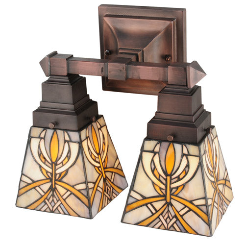 Meyda Lighting Glasgow Bungalow 12" 2-Light Mahogany Bronze Wall Sconce With Multi-Colored Shade Glass