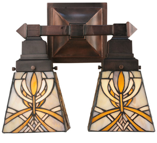 Meyda Lighting Glasgow Bungalow 12" 2-Light Mahogany Bronze Wall Sconce With Multi-Colored Shade Glass