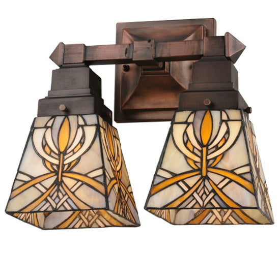 Meyda Lighting Glasgow Bungalow 12" 2-Light Mahogany Bronze Wall Sconce With Multi-Colored Shade Glass