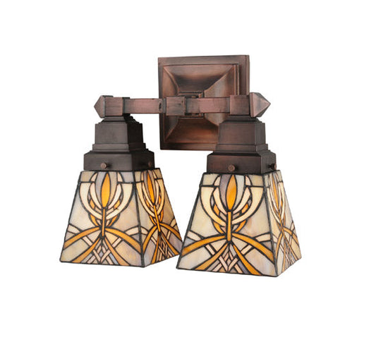 Meyda Lighting Glasgow Bungalow 12" 2-Light Mahogany Bronze Wall Sconce With Multi-Colored Shade Glass