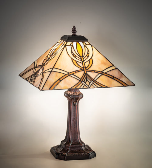 Meyda Lighting Glasgow Bungalow 18" Mahogany Bronze Table Lamp With Beige Stained Shade Glass