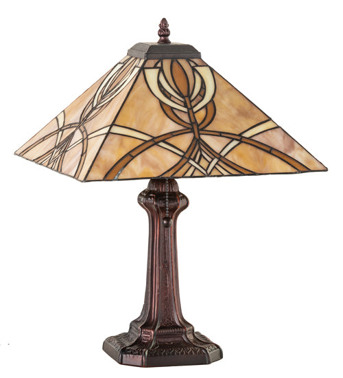Meyda Lighting Glasgow Bungalow 18" Mahogany Bronze Table Lamp With Beige Stained Shade Glass