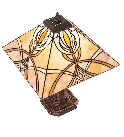 Meyda Lighting Glasgow Bungalow 18" Mahogany Bronze Table Lamp With Beige Stained Shade Glass