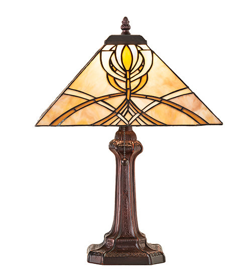 Meyda Lighting Glasgow Bungalow 18" Mahogany Bronze Table Lamp With Beige Stained Shade Glass