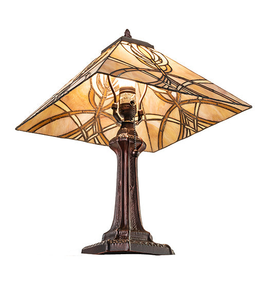 Meyda Lighting Glasgow Bungalow 18" Mahogany Bronze Table Lamp With Beige Stained Shade Glass