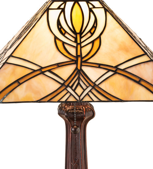 Meyda Lighting Glasgow Bungalow 18" Mahogany Bronze Table Lamp With Beige Stained Shade Glass
