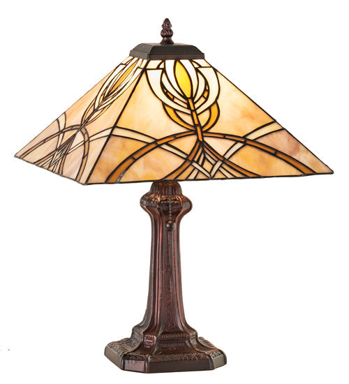 Meyda Lighting Glasgow Bungalow 18" Mahogany Bronze Table Lamp With Beige Stained Shade Glass