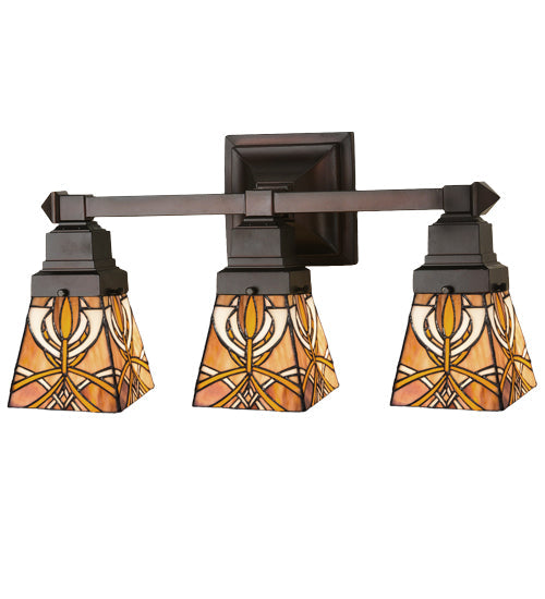 Meyda Lighting Glasgow Bungalow 20" 3-Light Mahogany Bronze Vanity Light With Multi-Colored Shade Glass