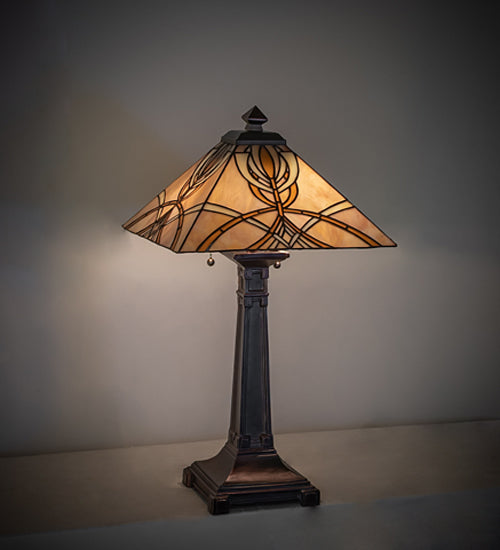 Meyda Lighting Glasgow Bungalow 24" 2-Light Mahogany Bronze Table Lamp With Yellow & Beige Shade Glass