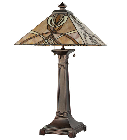 Meyda Lighting Glasgow Bungalow 24" 2-Light Mahogany Bronze Table Lamp With Yellow & Beige Shade Glass