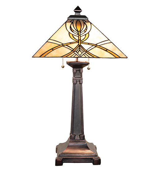 Meyda Lighting Glasgow Bungalow 24" 2-Light Mahogany Bronze Table Lamp With Yellow & Beige Shade Glass