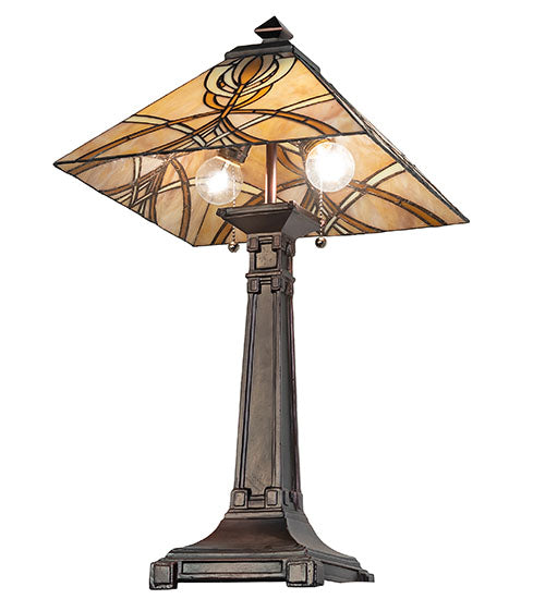 Meyda Lighting Glasgow Bungalow 24" 2-Light Mahogany Bronze Table Lamp With Yellow & Beige Shade Glass