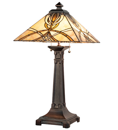 Meyda Lighting Glasgow Bungalow 24" 2-Light Mahogany Bronze Table Lamp With Yellow & Beige Shade Glass