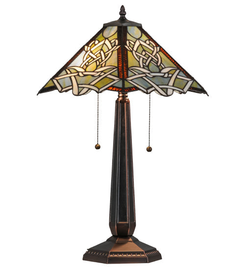 Meyda Lighting Glasgow Bungalow 25" 2-Light Mahogany Bronze Table Lamp With Multi-Colored Shade Glass