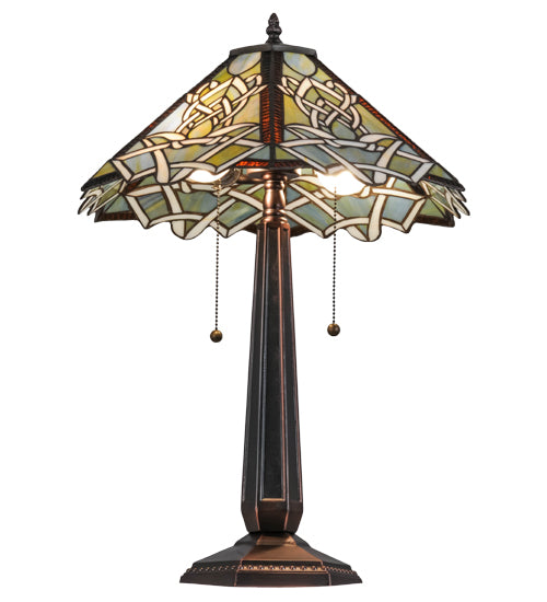 Meyda Lighting Glasgow Bungalow 25" 2-Light Mahogany Bronze Table Lamp With Multi-Colored Shade Glass