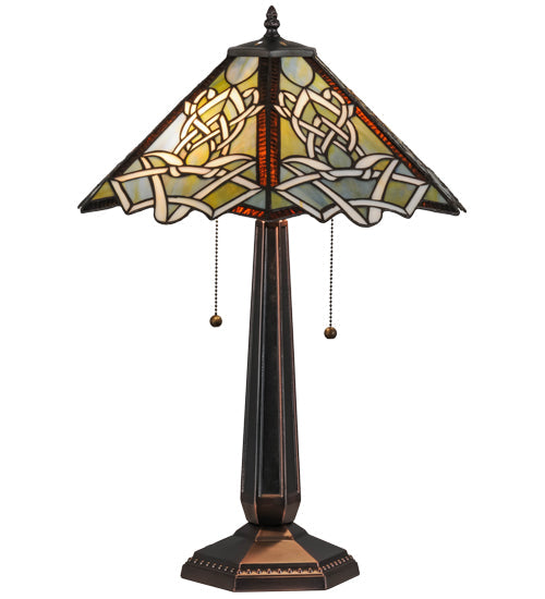 Meyda Lighting Glasgow Bungalow 25" 2-Light Mahogany Bronze Table Lamp With Multi-Colored Shade Glass