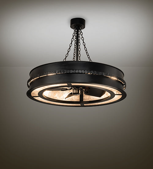 Meyda Lighting Golden Forge 44" 8-Light Black Satin Wrought Iron Chandelier With Silver Mica Shade Glass and Fan
