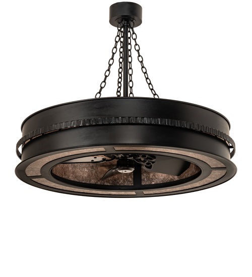 Meyda Lighting Golden Forge 44" 8-Light Black Satin Wrought Iron Chandelier With Silver Mica Shade Glass and Fan