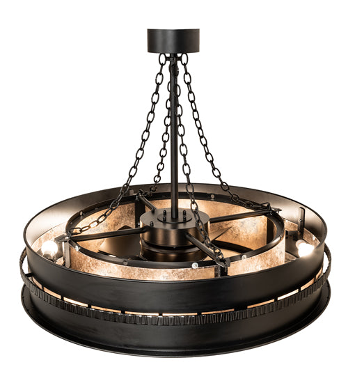 Meyda Lighting Golden Forge 44" 8-Light Black Satin Wrought Iron Chandelier With Silver Mica Shade Glass and Fan