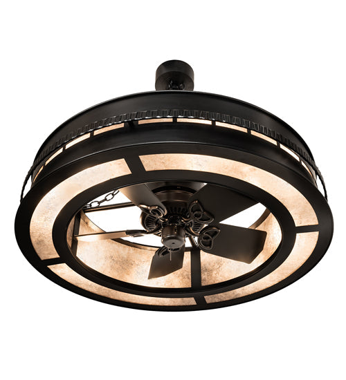 Meyda Lighting Golden Forge 44" 8-Light Black Satin Wrought Iron Chandelier With Silver Mica Shade Glass and Fan