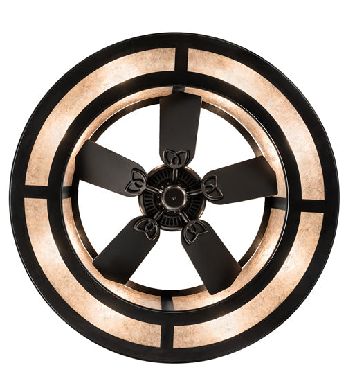 Meyda Lighting Golden Forge 44" 8-Light Black Satin Wrought Iron Chandelier With Silver Mica Shade Glass and Fan