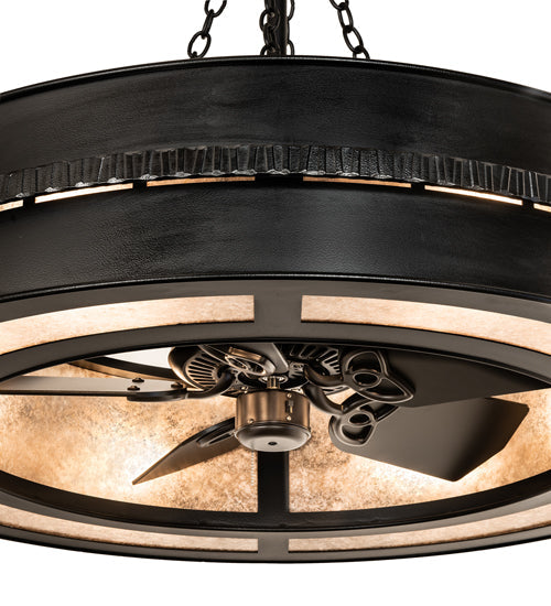 Meyda Lighting Golden Forge 44" 8-Light Black Satin Wrought Iron Chandelier With Silver Mica Shade Glass and Fan
