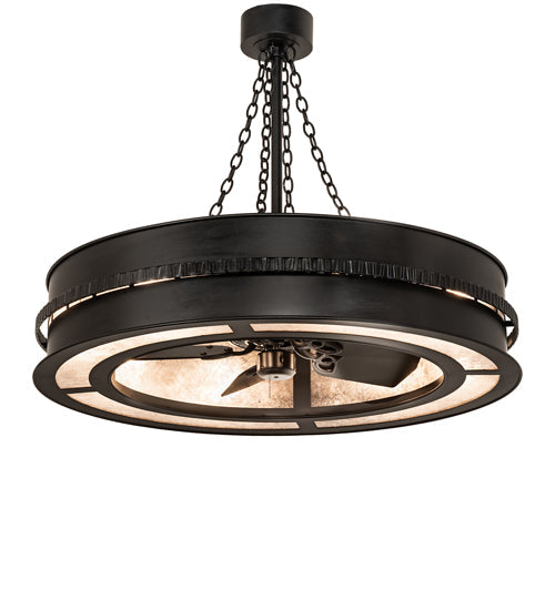 Meyda Lighting Golden Forge 44" 8-Light Black Satin Wrought Iron Chandelier With Silver Mica Shade Glass and Fan