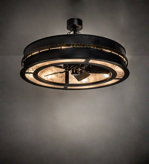 Meyda Lighting Golden Forge 45" 8-Light Black Satin Wrought Iron Chandelier With Silver Mica Shade Glass and Fan
