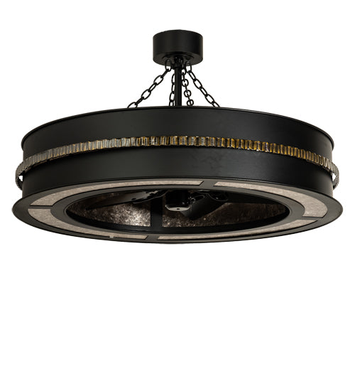 Meyda Lighting Golden Forge 45" 8-Light Black Satin Wrought Iron Chandelier With Silver Mica Shade Glass and Fan