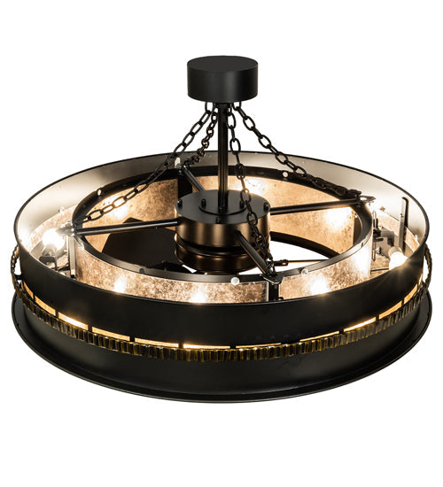 Meyda Lighting Golden Forge 45" 8-Light Black Satin Wrought Iron Chandelier With Silver Mica Shade Glass and Fan