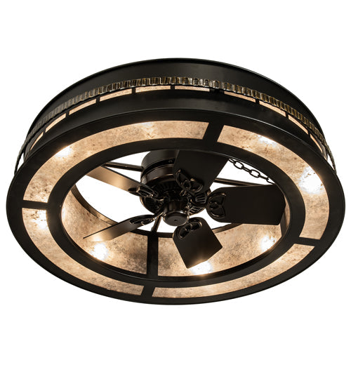 Meyda Lighting Golden Forge 45" 8-Light Black Satin Wrought Iron Chandelier With Silver Mica Shade Glass and Fan