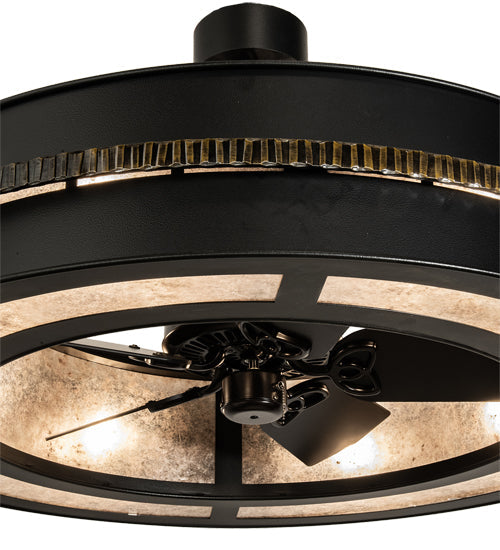 Meyda Lighting Golden Forge 45" 8-Light Black Satin Wrought Iron Chandelier With Silver Mica Shade Glass and Fan