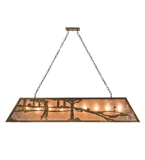 Meyda Lighting Golf 60" 9-Light Antique Copper Island Pendant Light With Silver Mica Shade Glass