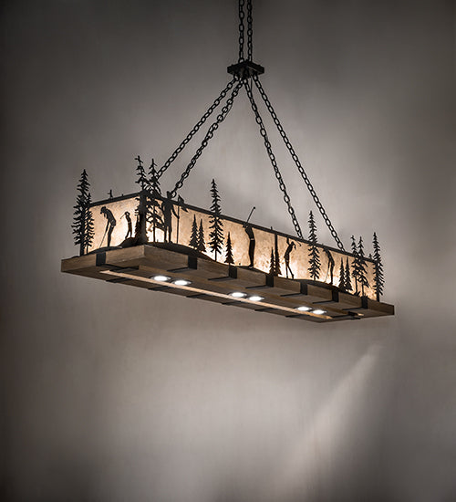 Meyda Lighting Golf 72" 4-Light Blackwash & Faux Walnut Wood Island Pendant Light With Silver Mica Shade Glass