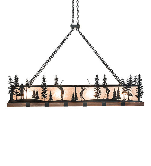 Meyda Lighting Golf 72" 4-Light Blackwash & Faux Walnut Wood Island Pendant Light With Silver Mica Shade Glass