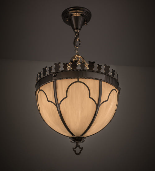 Meyda Lighting Gothic 14" 3-Light Polished Nickel Inverted Pendant Light With White Art Shade Glass